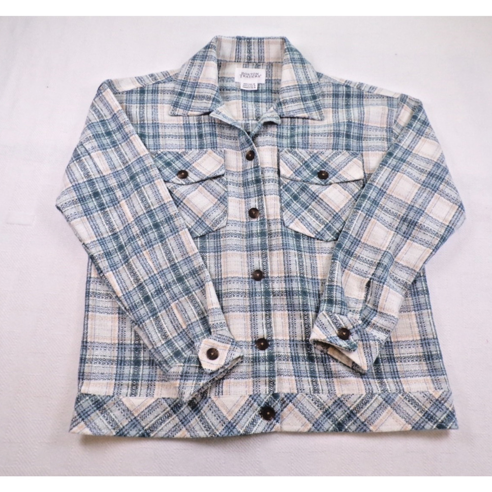 Boston Traders Women M Plaid Shacket Blue Cream Wool Blend Grandma Coast Boxy